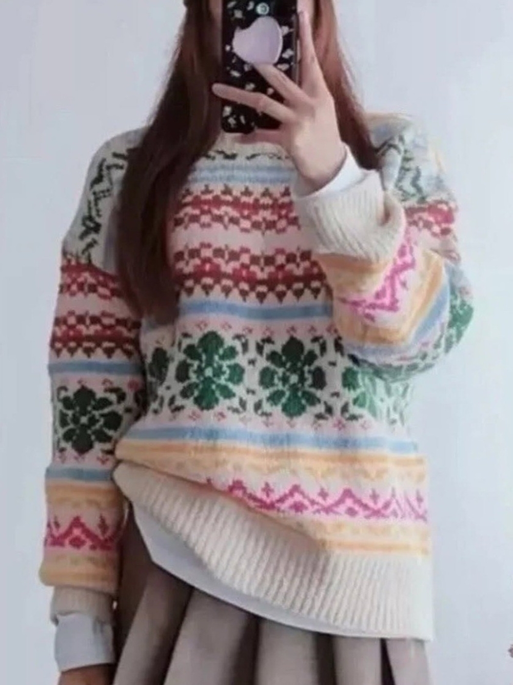 Zara Multicolor Fair Isle Crewneck Sweater - Cream, Green, Pink, Blue, Yellow